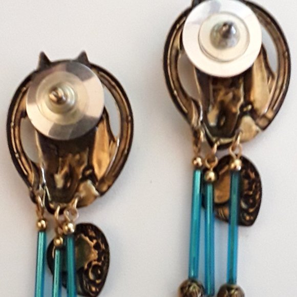 Rodeo Western Antiqued Brass Horse Head Dangle & Bling Post Earrings - Picture 3 of 4